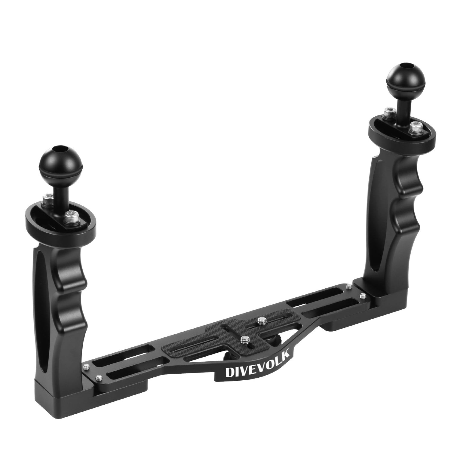 Divevolk Double Handled Aluminium Tray with Finger grips, 1-Inch Ball Mounts and 1/4-inch threaded screws to attach a housing.  .  